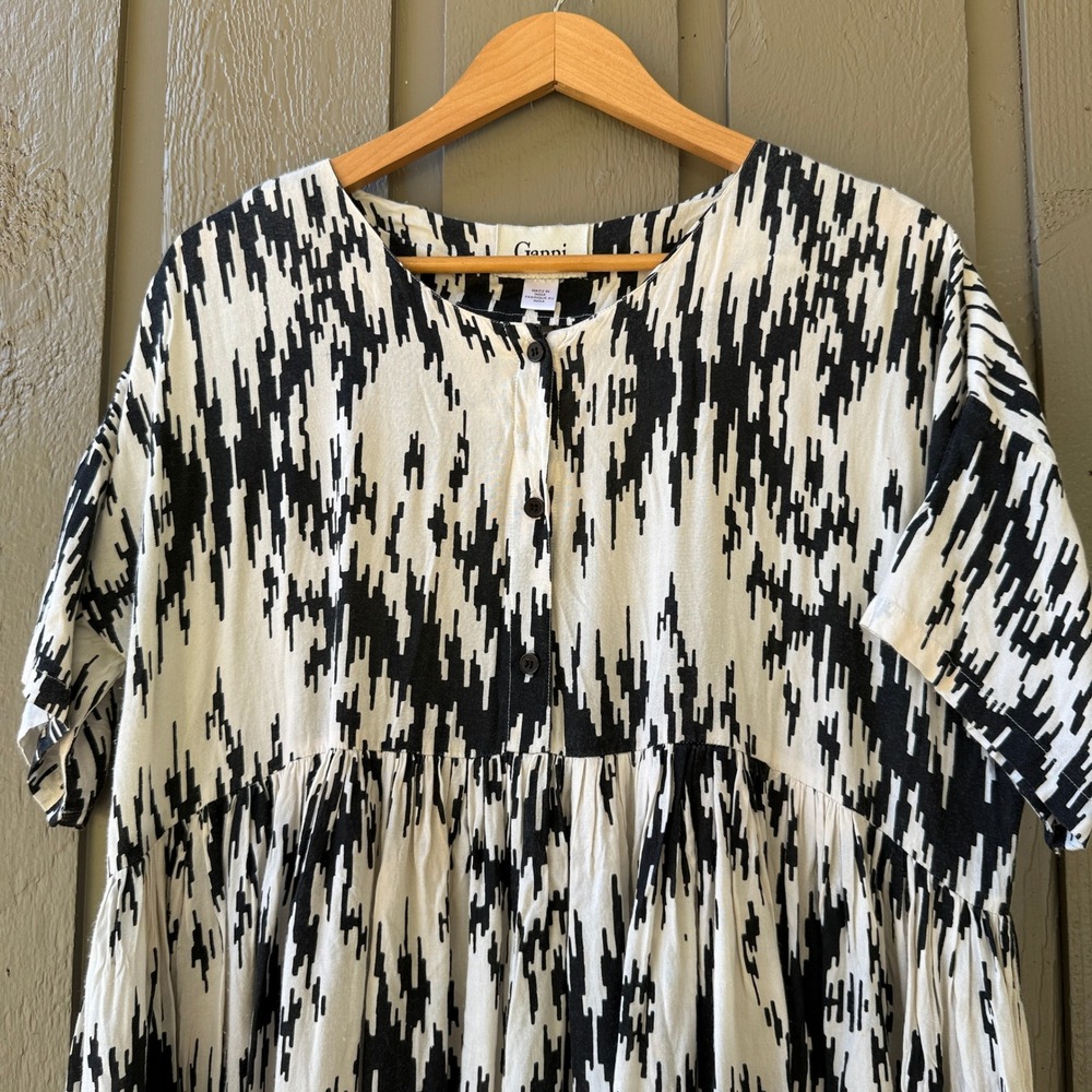 Ganni Chelsea Dress Small Black White Abstract Ikat Mini Viscose Short Sleeve - Picture 3 of 8